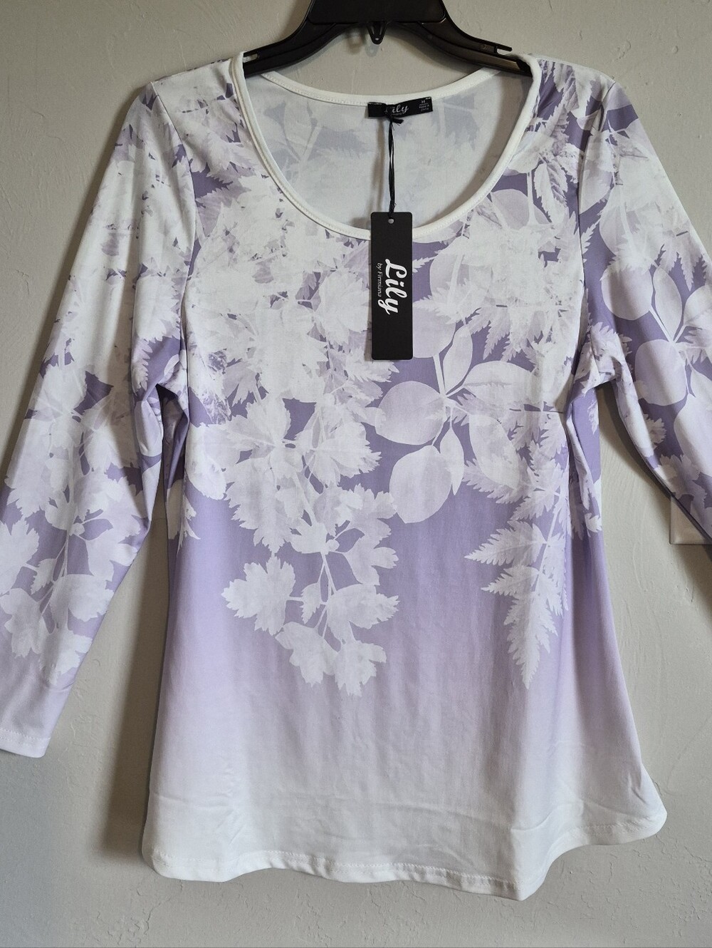 Lily Lavender and White Floral Ombre Scoop Neck Long Sleeve Top